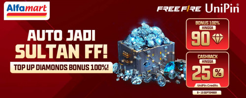 Auto Jadi Sultan FF Top Up Pakai Voucher UniPin dari Alfamart – BONUS DIAMONDS 100% dan CASHBACK hingga 25%!